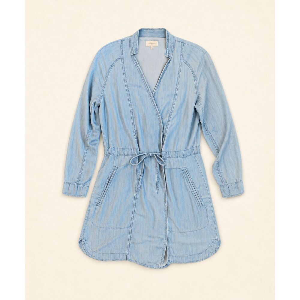 Lou & Grey Chambray Wrap Shirt Dress Womens Medium Blue Tie Waist Utility Pocket